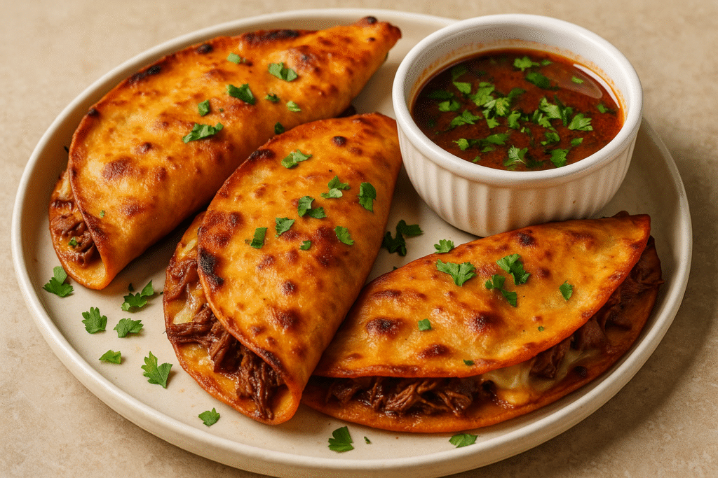 Air fryer birria quesadilla closed half-folded, golden crust