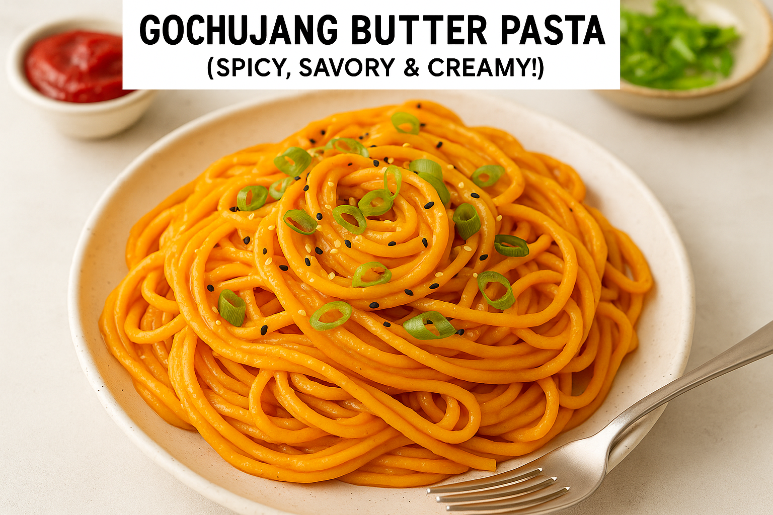 Gochujang butter pasta with scallions in a ceramic bowl