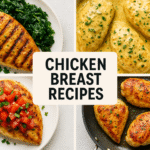 Baked garlic herb chicken breasts on tray